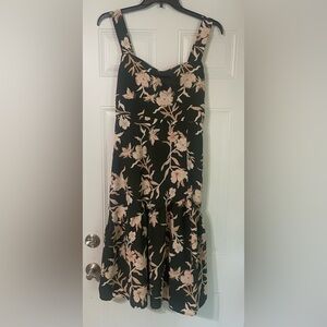 Black Floral Midi Dress with Pink Blossom Print